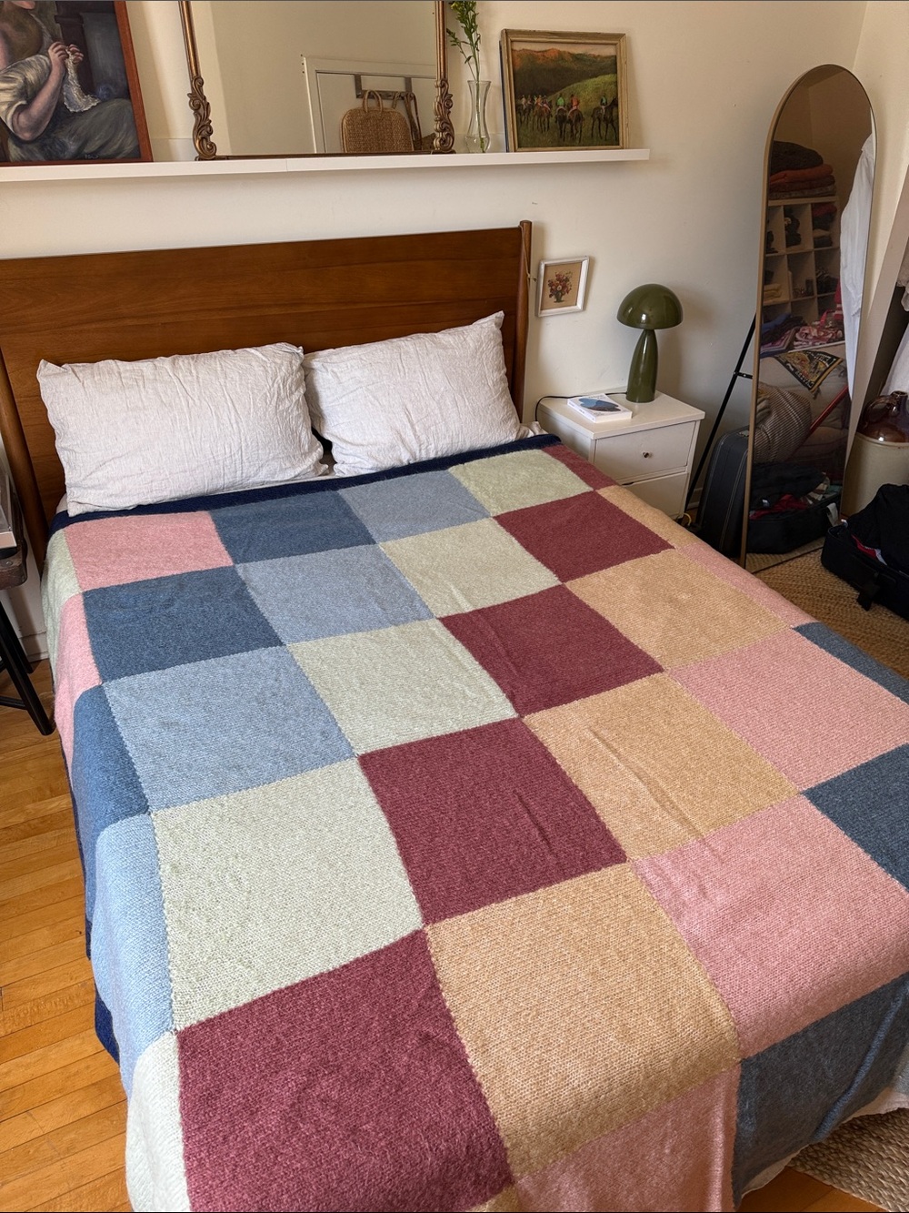 Patchwork Check Bedspread in Pink, Blue, Cream, Burgundy handmade